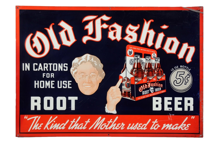 OLD FASHION ROOT BEER EMBOSSED TIN SIGN.          