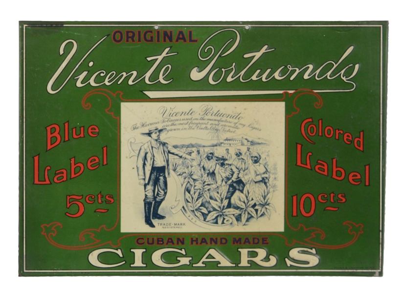 VINCENTE PORTUONDO CUBAN CIGARS EMBOSSED TIN ADVERTISING SIGN