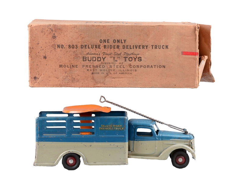 PRESSED STEEL BUDDY L RIDE ON DELIVERY TRUCK.     