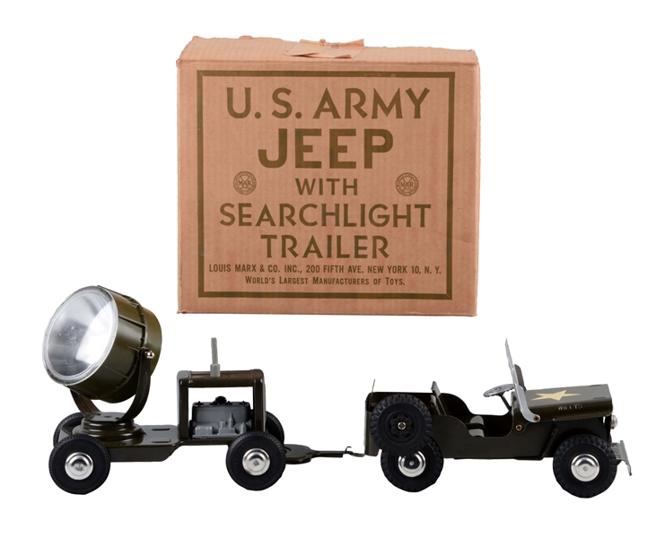 MARX US ARMY JEEP & SEARCH LIGHT TRAILER.	        