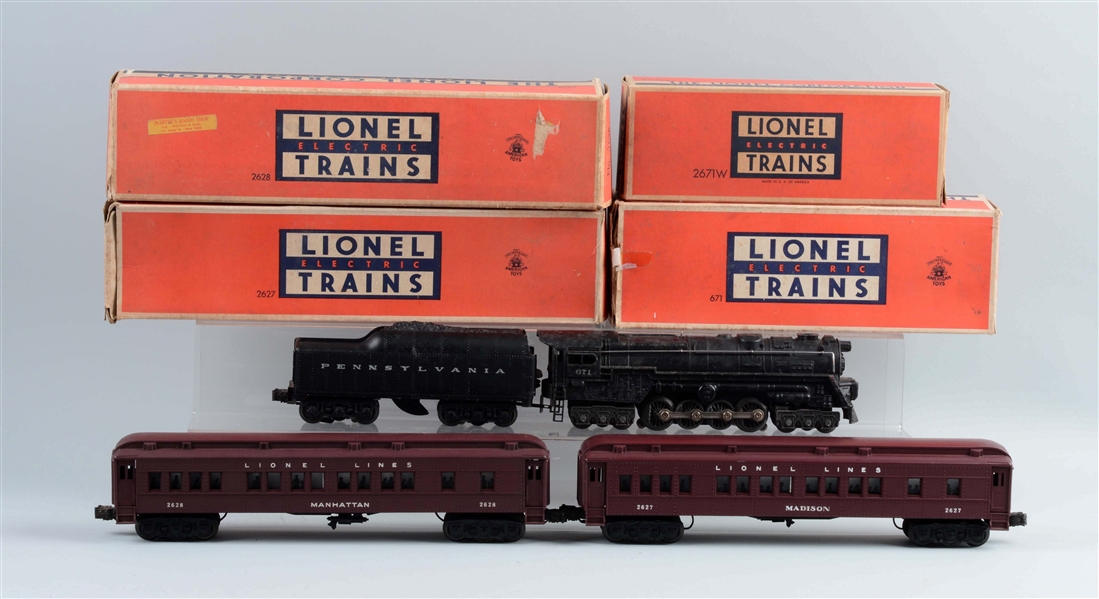 LOT OF 4: LIONEL NO. 671 & MADISON STYLE CARS.    