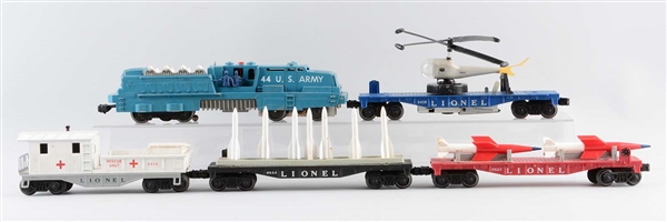 LOT OF 5: LIONEL NO. 44 U.S. ARMY LOCOMOTIVE & ROLLING STOCK.