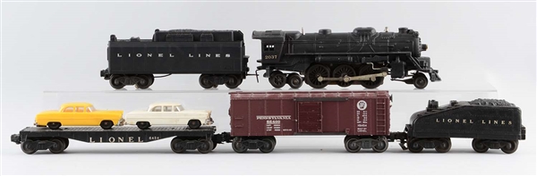 LOT OF 5: LIONEL NO. 2037 LOCOMOTIVE & FREIGHT CARS.