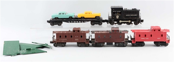 LOT OF 5: LIONEL NO. 41 ARMY SWITCHER & FREIGHT CARS.