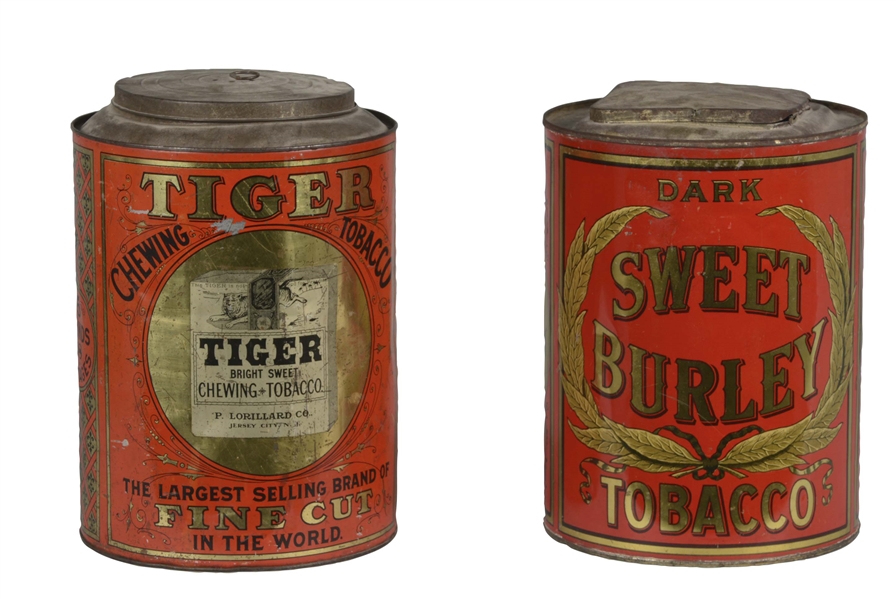 LOT OF 2: CYLINDRICAL TOBACCO TINS