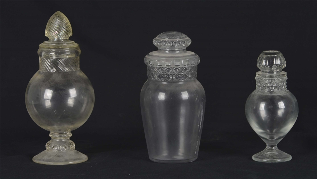 LOT OF 3: GLASS APOTHECARY JARS