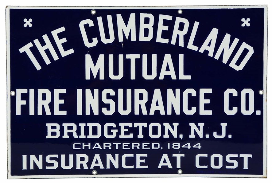 CUMBERLAND MUTUAL FIRE INSURANCE PORCELAIN SIGN.