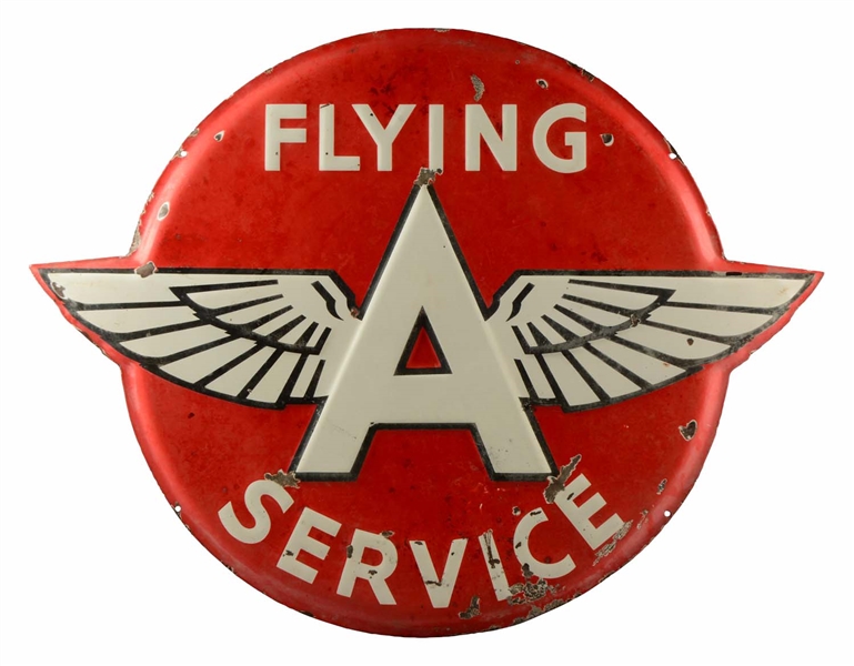 FLYING A SERVICE EMBOSSED PORCELAIN SIGN.