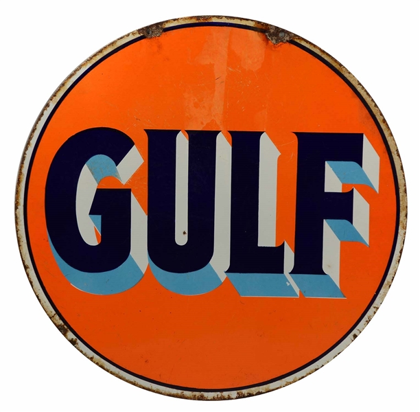GULF W/ BLUE SHADED LETTERS PORCELAIN SIGN.