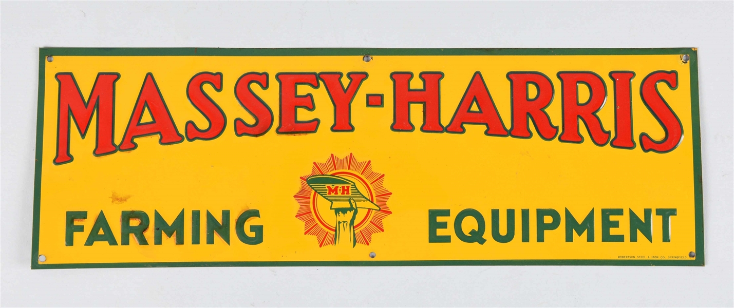 MASSEY-HARRIS FARMING EQUIPMENT W/ LOGO EMBOSSED TIN SIGN.