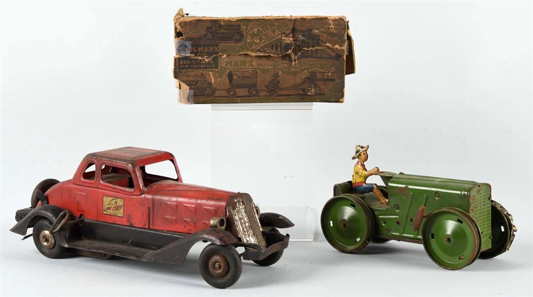 LOT OF 2: AMERICAN MADE PRESSED STEEL & TIN WIND-UP VEHICLE TOYS.