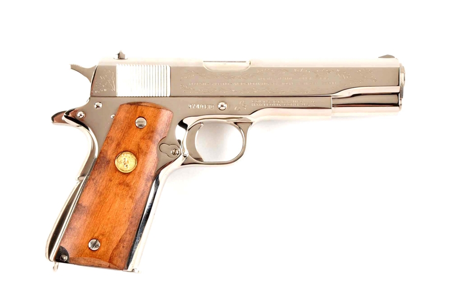 (M)  CASED COLT MODEL 1911 A1 AFRICAN-EUROPEAN THEATER ENGRAVED NIPPLE PLATED SEMI AUTOMATIC PISTOL.