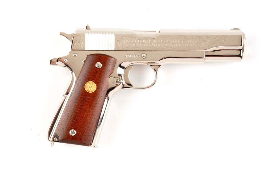 (M) CASED COLT MODEL 1911 A1 ASIATIC-PACIFIC THEATER ENGRAVED NIPPLE PLATED SEMI AUTOMATIC PISTOL.