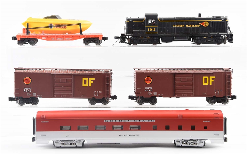 LOT OF 5: WEAVER LOCOMOTIVE & FREIGHT CARS.