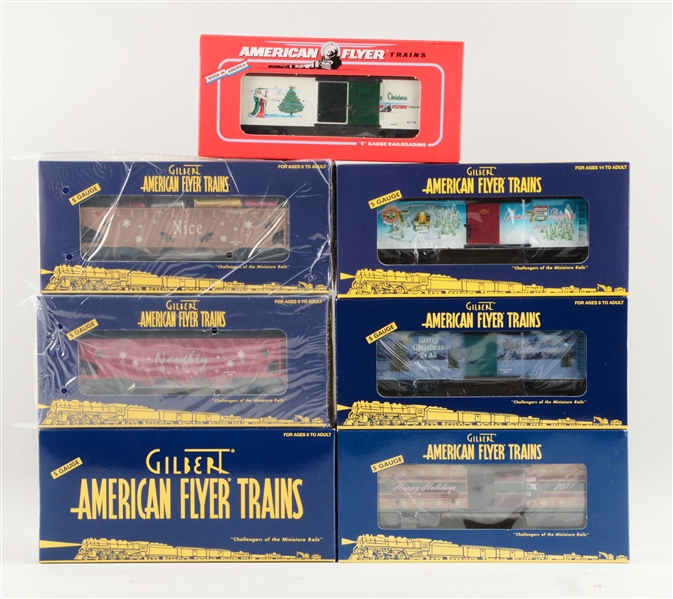 LOT OF 5: AMERICAN FLYER CHRISTMAS FREIGHT CARS.