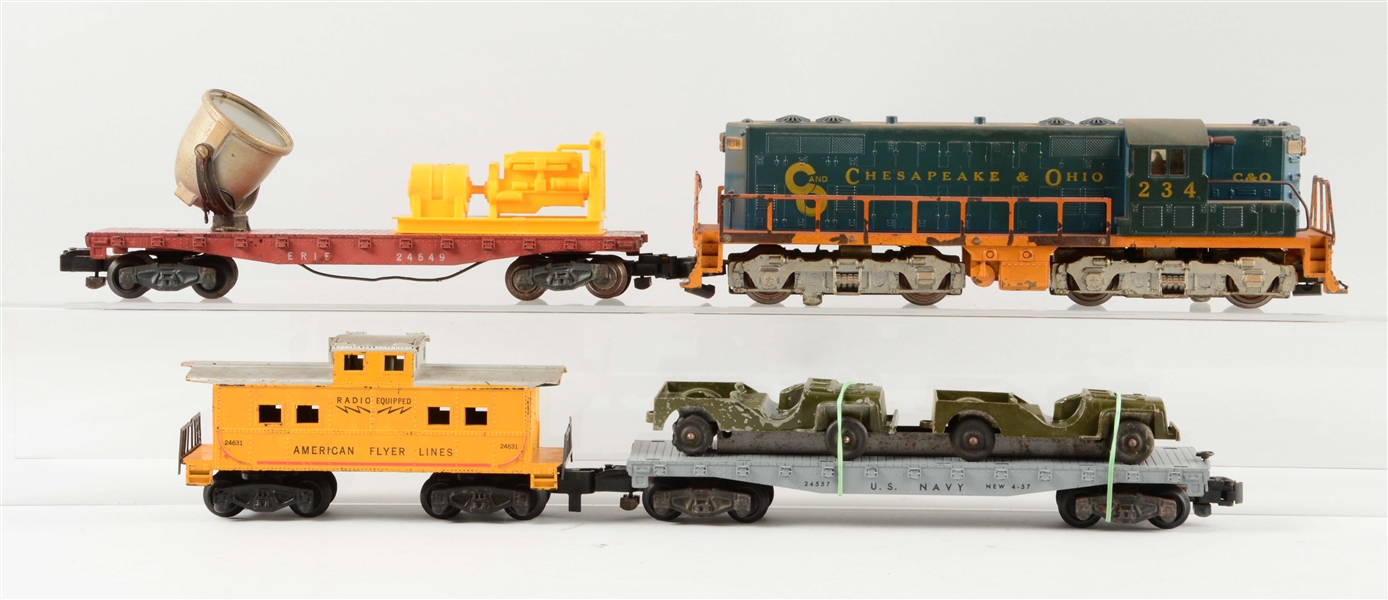 LOT OF 4:  AMERICAN FLYER C & O GP7 SWITCHER & FREIGHT CARS.