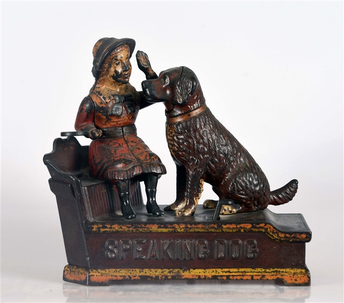 SHEPARD HARDWARE SPEAKING DOG CAST IRON MECHANICAL BANK.