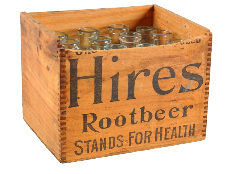 HIRES ROOT BEER CRATE WITH BOTTLES.