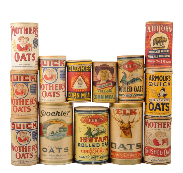 ASSORTED OAT CARDBOARD CANISTERS.
