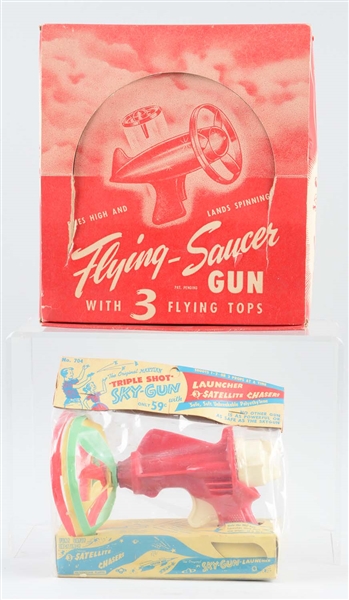 LOT OF 2: VINTAGE PLASTIC AMERICAN MADE SPACE SAUCER GUNS.