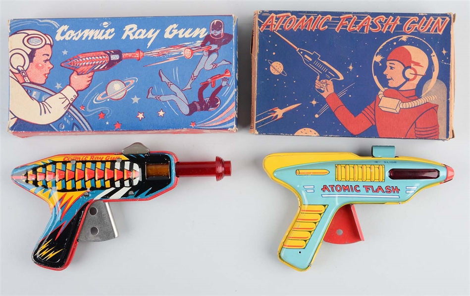 LOT OF 2: AMERICAN MADE TIN LITHO VINTAGE SPACE GUNS. 