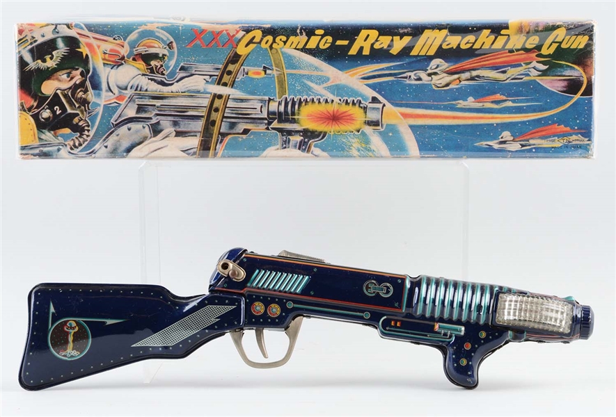 JAPANESE TIN LITHO BATTERY OPERATED COSMIC RAY MACHINE GUN.