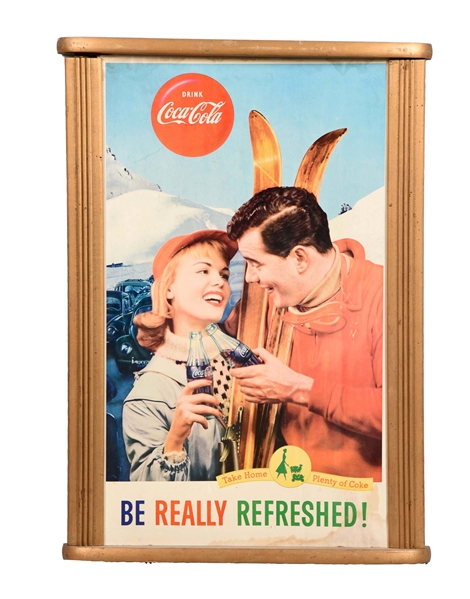 FRAMED COCA-COLA SKIING ADVERTISING SIGN.