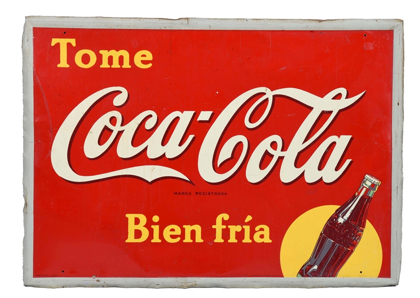 COCA-COLA SELF FRAMED SPANISH TIN ADVERTISING SIGN. 