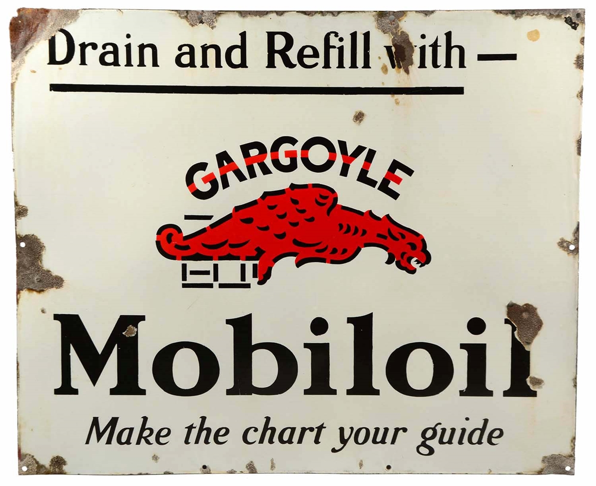 MOBILOIL W/ GARGOYLE "DRAIN & REFILL" PORCELAIN SIGN.