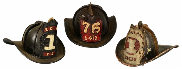 LOT OF 3: LEATHER FIREMENS HELMETS.