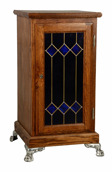 OAK SLOT MACHINE STAND W/ LEAD GLASS DOOR