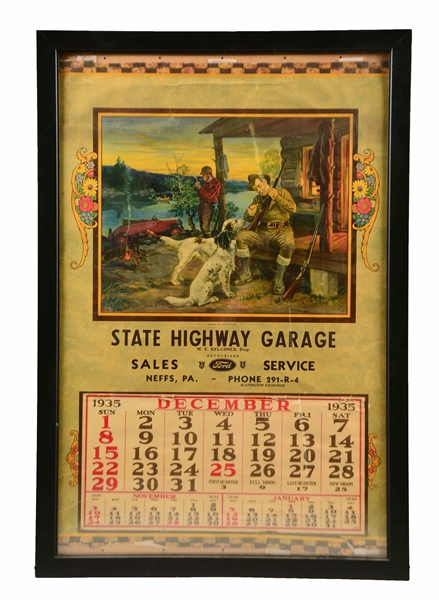 1935 FORD SALES AND SERVICE FRAMED CALENDAR. 