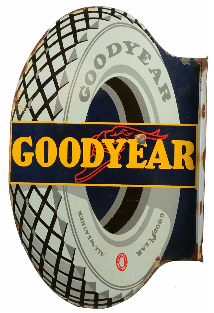 GOODYEAR WITH RED WINGED BOOT LOGO PORCELAIN FLANGE SIGN.