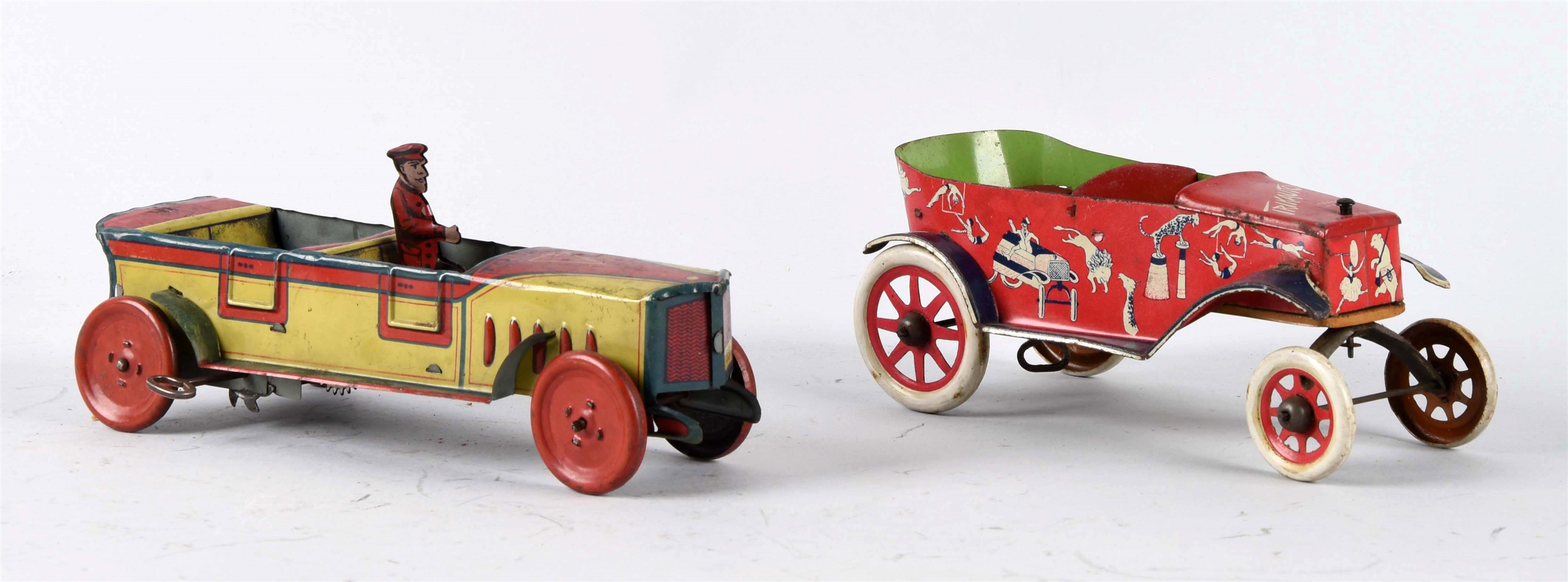 LOT OF 2: STRAUSS TIN LITHO WIND-UP VEHICLE TOYS.