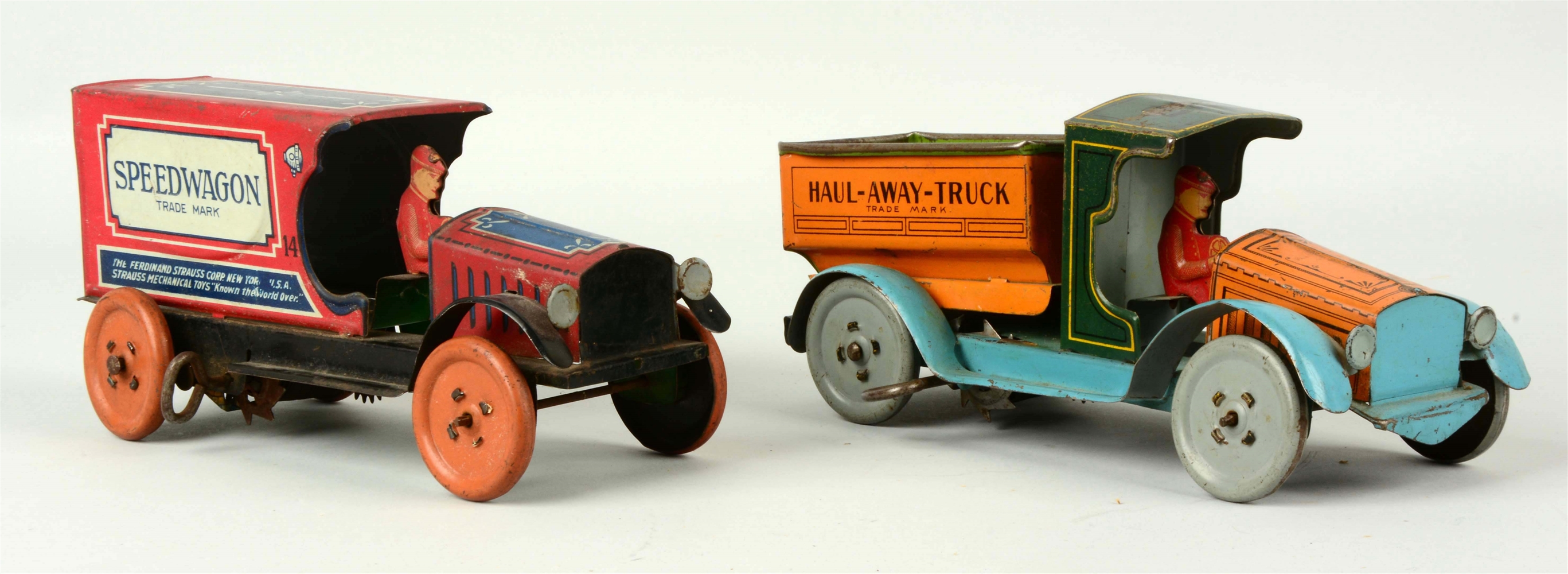 LOT OF 2: STRAUSS TIN LITHO WIND UP VEHICLE TOYS.