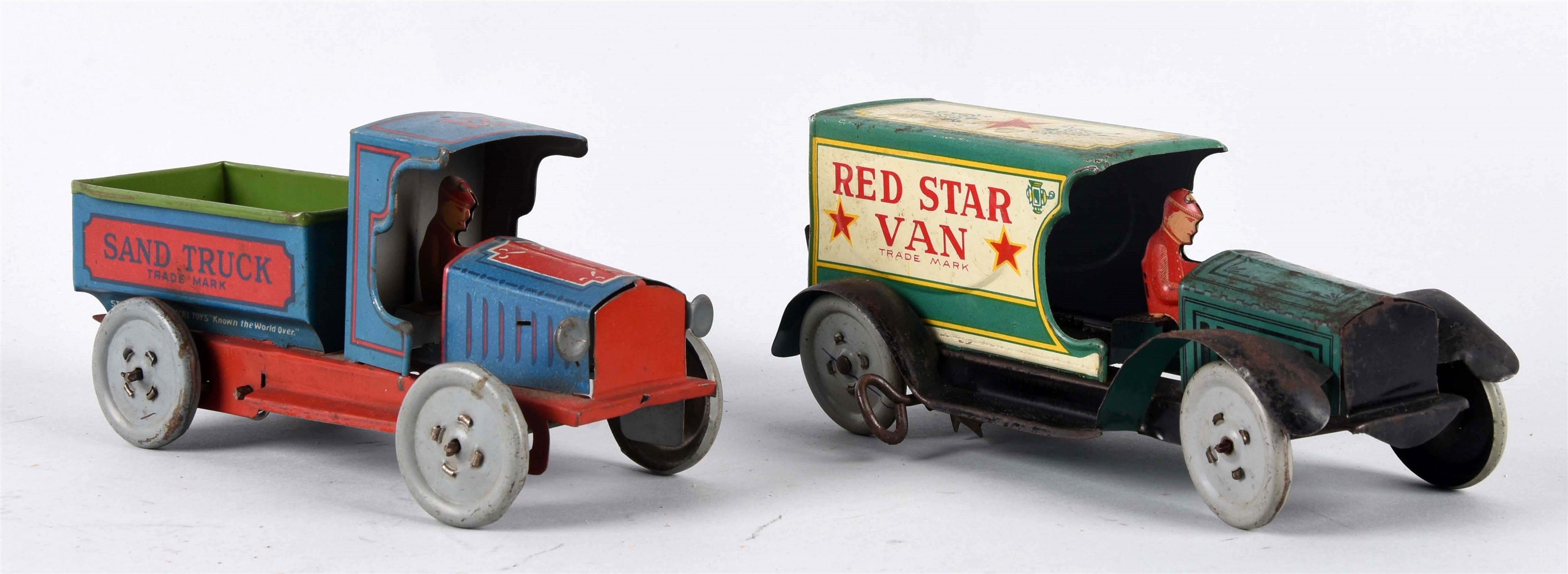 LOT OF 2: STRAUSS TIN LITHO WIND-UP VEHICLE TOYS.