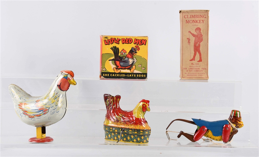 LOT OF 3: HEN AND MONKEY WIND-UP TIN LITHO TOYS.
