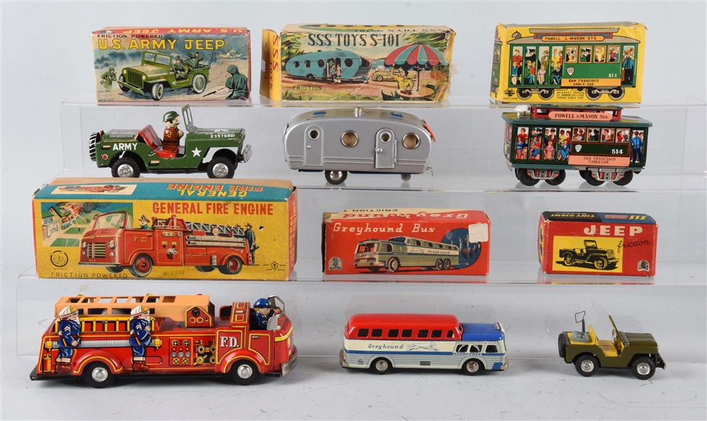 LOT OF 6: JAPANESE TIN TRUCKS, BUSES AND CARS.