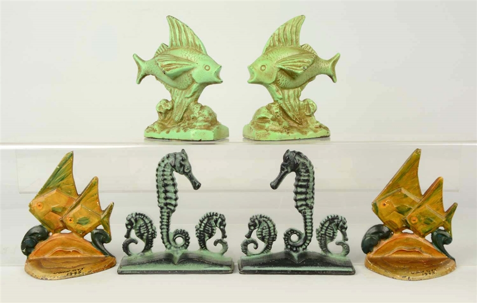 LOT OF 3 PAIRS: CAST IRON ASSORTED FISH BOOKENDS.