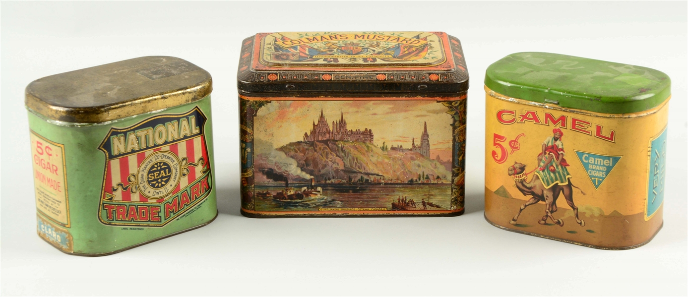 LOT OF 3: ASSORTED ADVERTISING TINS.