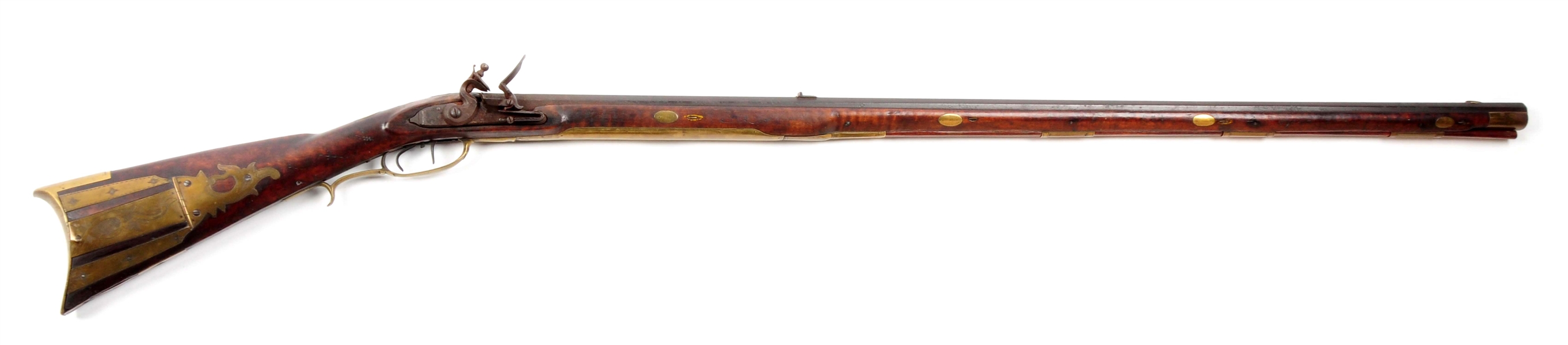 (A) CARVED ADAMS COUNTY FLINTLOCK RIFLE SIGNED JOHN MEALS.
