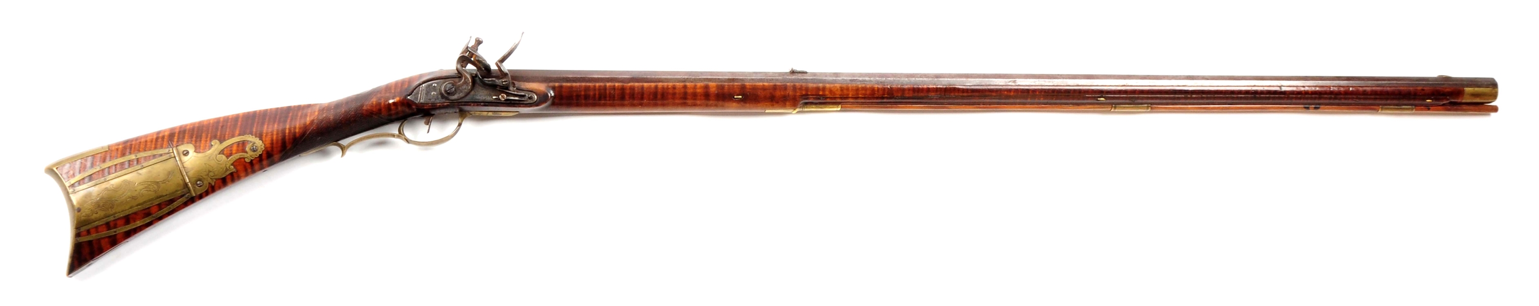 (A) DAUPHIN COUNTY FULL STOCK FLINTLOCK RIFLE SIGNED SNEVELY WITH LETTER.