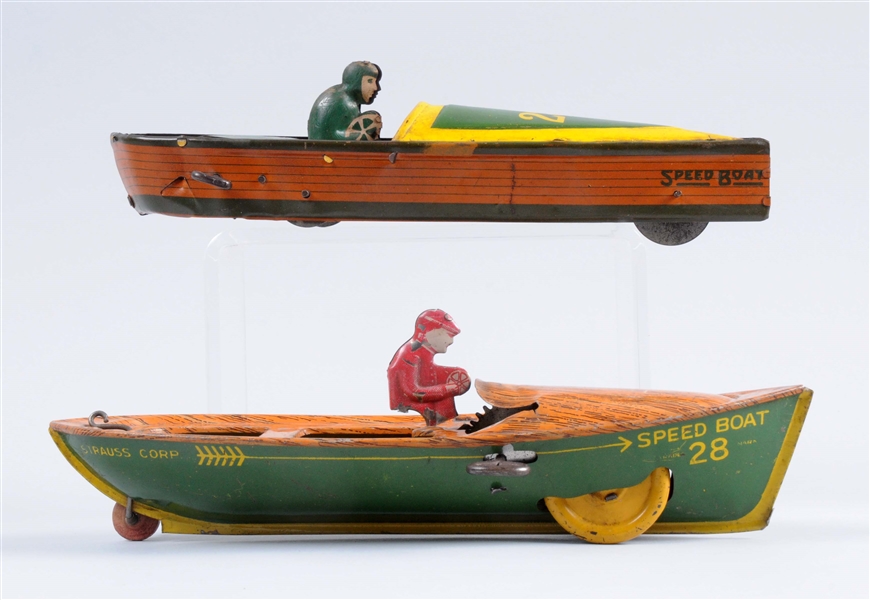 LOT OF 2: STRAUSS TIN LITHO WIND-UP BOAT TOYS.