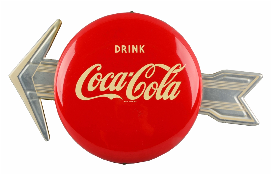 COCA - COLA TIN BUTTON SIGN WITH ARROW.