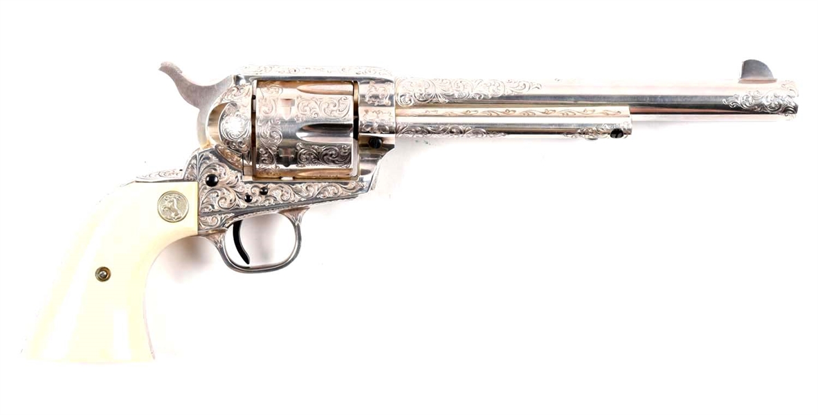 (M) AA WHITE MASTER ENGRAVED SILVER PLATED IVORY STOCKED COLT S.A.A. REVOLVER.