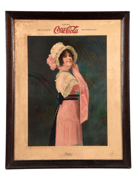 1914 COCA-COLA CARDBOARD "BETTY" SIGN IN FRAME. 