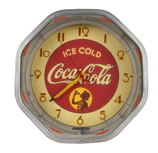 1940S COCA-COLA NEON OCTAGON CLOCK.
