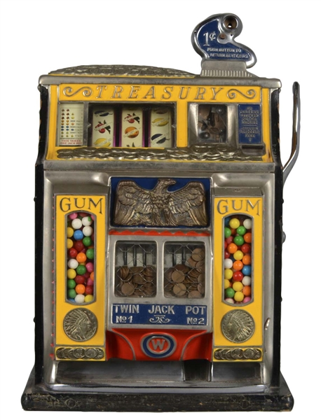 **1¢ WATLING TREASURY TWIN JACKPOT SLOT MACHINE WITH GUM VENDOR