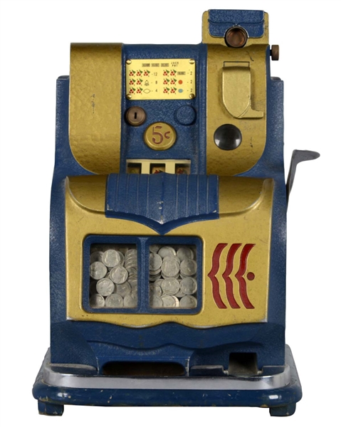 **5¢ MILLS NOVELTY CO. QT BLUE & GOLD SLOT MACHINE 