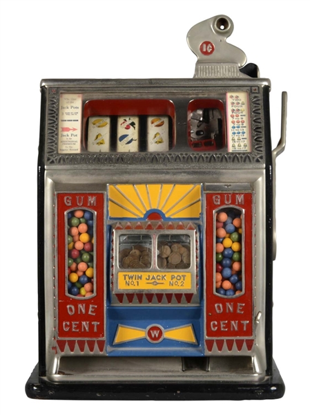 **1¢ WATLING TWIN JACKPOT BALL GUM VENDOR SLOT MACHINE